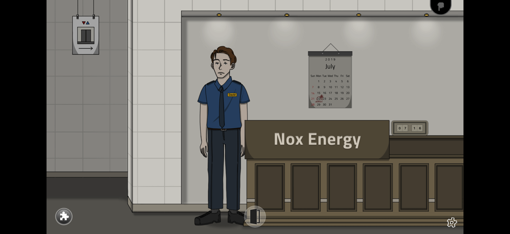 Unknown - Foggins - Character David standing at the Nox Energy reception desk in the mystery game Unknown Foggins