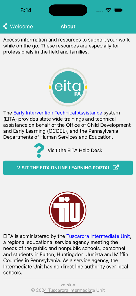 EITA Mobile - About page of the EITA Mobile app showing information about the Pennsylvania Early Intervention Technical Assistance system
