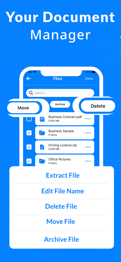 7-Zip Extractor・unzip・opener - Interface of the 7-Zip Extractor app showing a document manager with file actions like extract, edit, delete, and archive