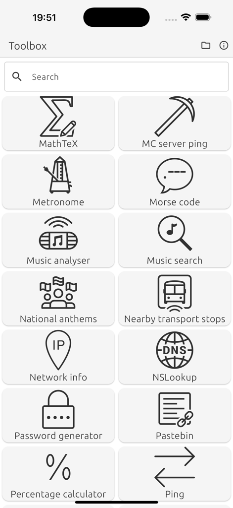 Una cuadrícula de varios iconos de utilidad en la aplicación Toolbox, incluyendo información de red, generador de contraseñas y analizador de música