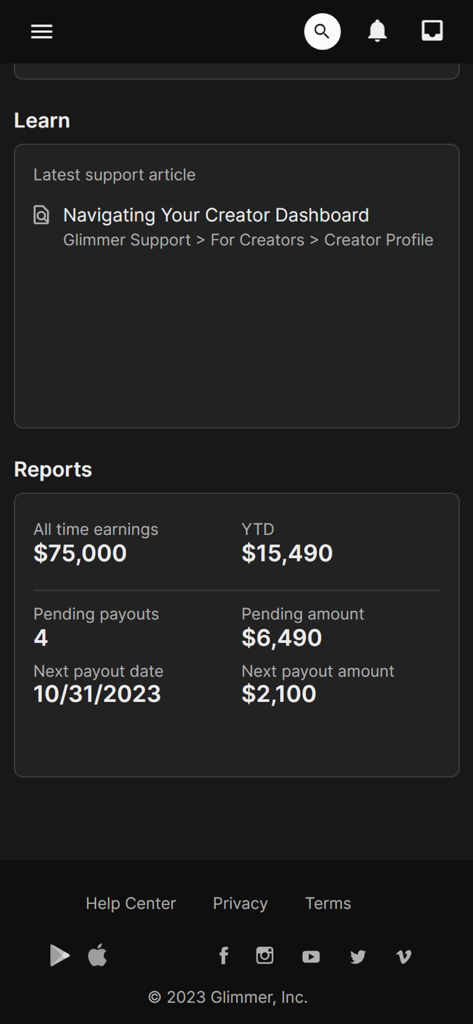 Glimmer.io - A dashboard on the Glimmer app showing creator earnings and payout reports