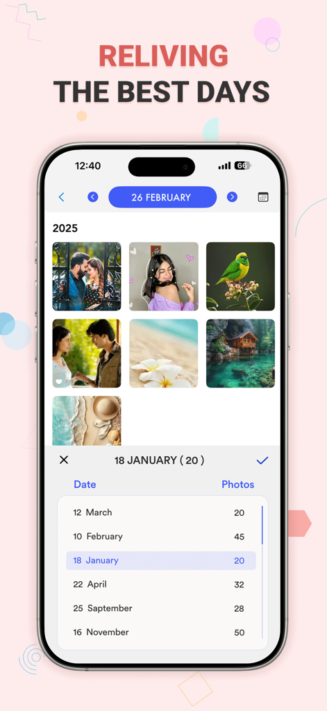 Photo Gallery - Gallery Lock - La aplicación Photo Gallery mostrando una cuadrícula de fotos ordenadas por fecha y un menú de selección para diferentes meses