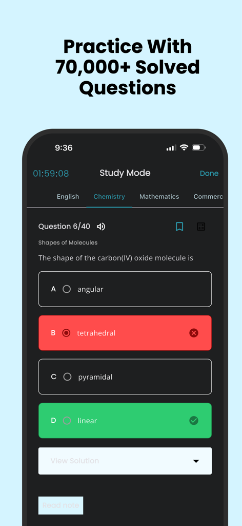 FlashLearners: Study & CBT - FlashLearners app interface showing a chemistry study mode quiz with a multiple choice question on molecular shapes