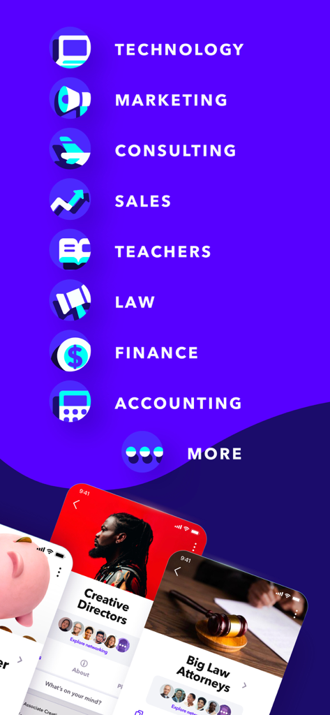 Fishbowl: Professional Network - A list of professional industries in the Fishbowl app including technology marketing consulting law and finance