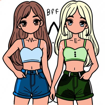 two sisters with crop tops and jean shorts and straight hair
