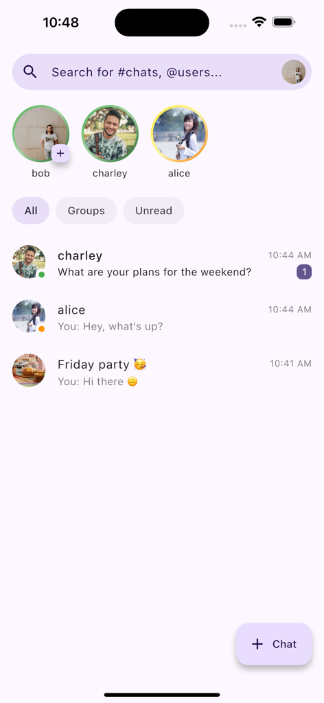 A screenshot of the FluffyChat messenger app showing a list of recent chats with contact avatars and a clean Material You design.