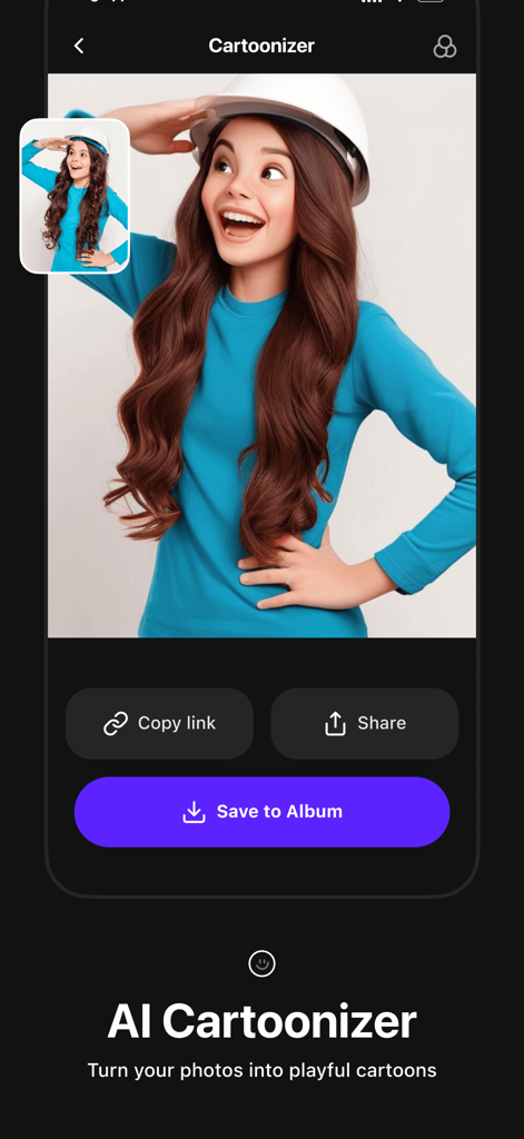 PhotoAI - AI Photo Enhancer - Screenshot der KI-Cartoonizer-Funktion in der PhotoAI-App, der ein Mädchenfoto zeigt, das in einen Cartoon-Stil verwandelt wurde