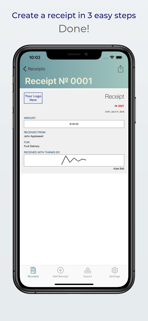 Un recibo digital profesional mostrado en una pantalla de iPhone con una firma digital