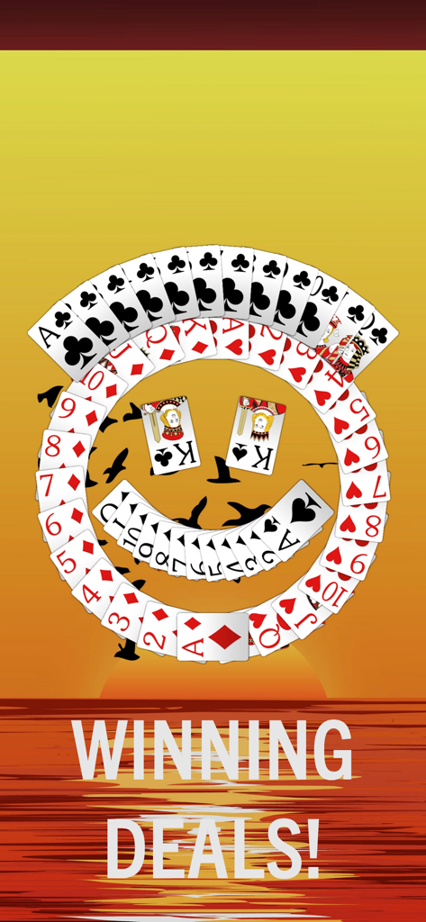 FreeCell Solitaire cards forming a smiley face with Winning Deals text over a sunset background