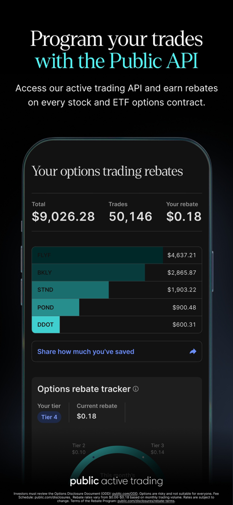 Public: Invest & Trade - Publicアプリのダッシュボード。オプション取引リベートとアクティブ取引APIに関する情報を表示しています。