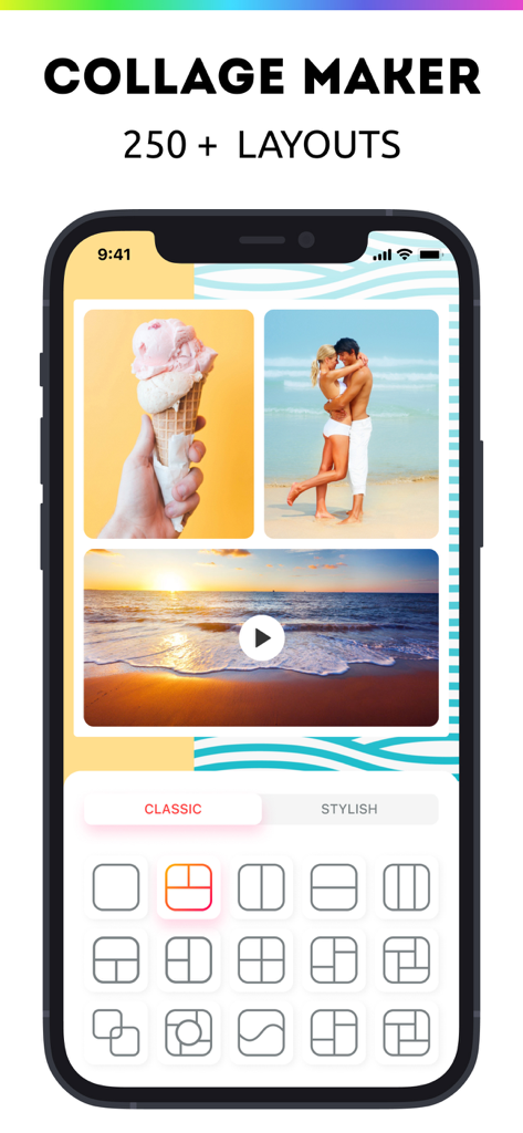 Photo collage maker and layout - Interfaz de la aplicación Photo Collage Maker que muestra un diseño con temática de playa con más de 250 plantillas de cuadrícula disponibles.