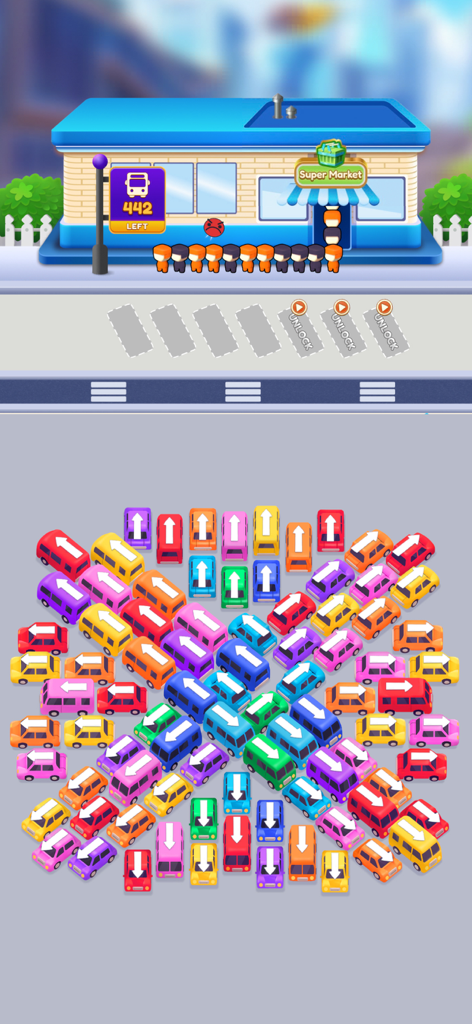 Car Escape: Traffic Jam Puzzle - Jugabilidad de Car Escape Traffic Jam Puzzle mostrando una cuadrícula de coches de colores y una cola de pasajeros en un supermercado