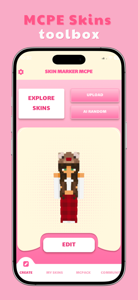 Uma interface de aplicativo móvel intitulada MCPE Skins toolbox mostrando uma skin de personagem de Minecraft com opções de explorar e editar
