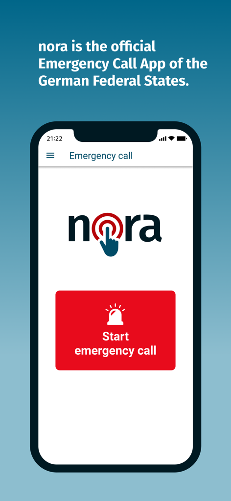 nora - Emergency Call App - Home screen of the nora emergency call app featuring a large red start button