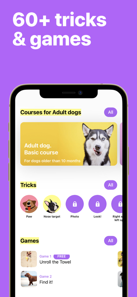 EveryDoggy - Dog Training App - EveryDoggy app interface showing various dog training courses, tricks, and interactive games