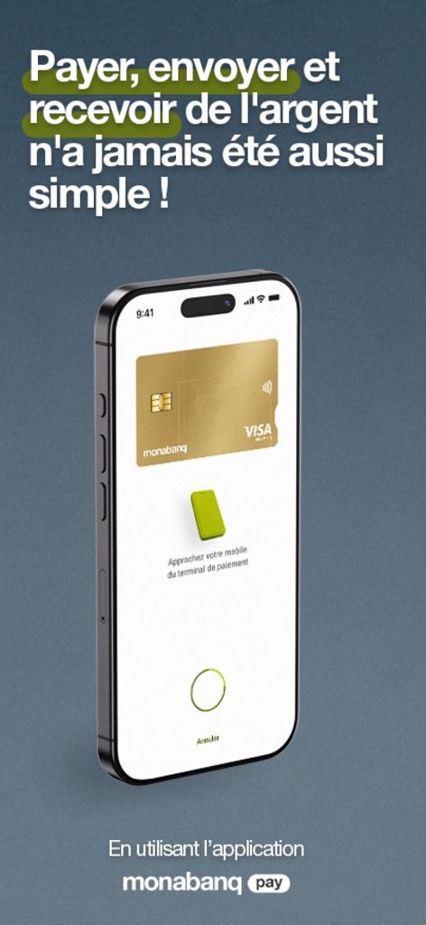 A smartphone showing the Monabanq app interface for contactless mobile payments with a virtual gold Visa card.