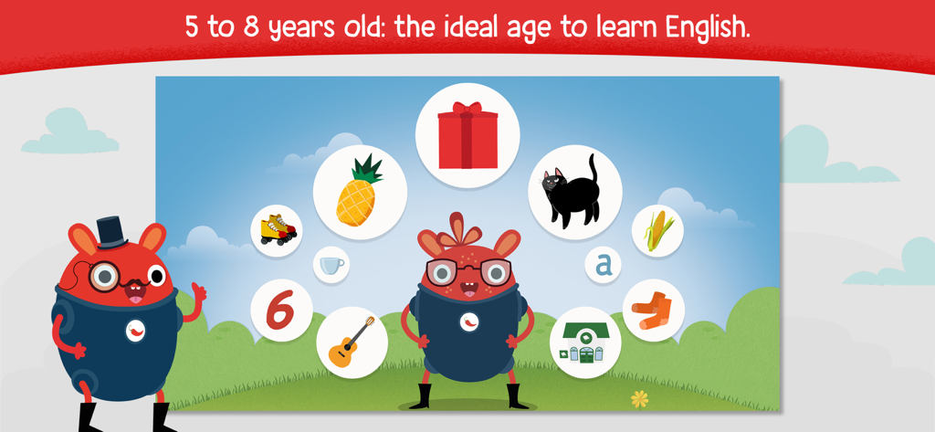 Personajes de Pili Pop en un paisaje lúdico con iconos de vocabulario para niños que aprenden inglés.