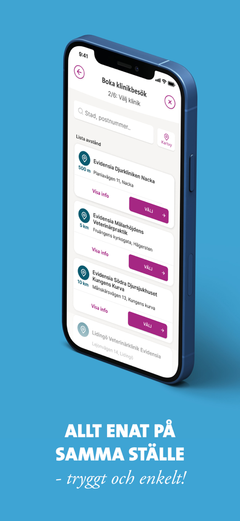 Mobile app interface of Evidensia showing a list of veterinary clinics for booking appointments in Sweden