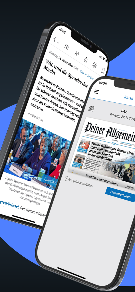 PAZ E-Paper: News aus Peine - PAZ E-Paper App-Oberfläche auf iPhones mit Nachrichtenartikeln und Zeitungs-Kiosk