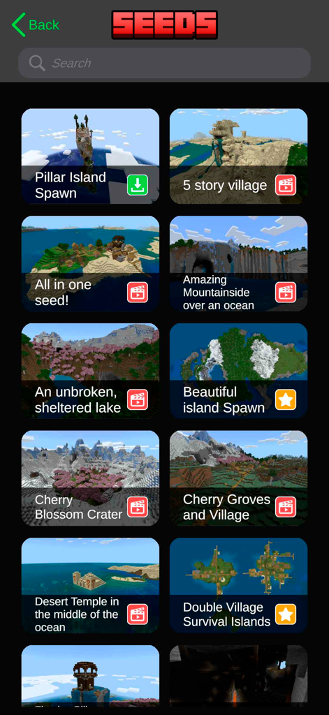 Interface of the Ultimate Skins for Minecraft app displaying various world seeds with landscape previews