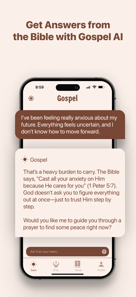 Pantalla de smartphone que muestra el chat bíblico con IA de la aplicación Evangelio proporcionando un versículo tranquilizador en respuesta a un mensaje del usuario sobre la ansiedad.