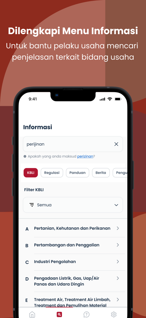 OSSインドネシアアプリの情報メニュー。農業や鉱業などの事業分野カテゴリが表示されています。