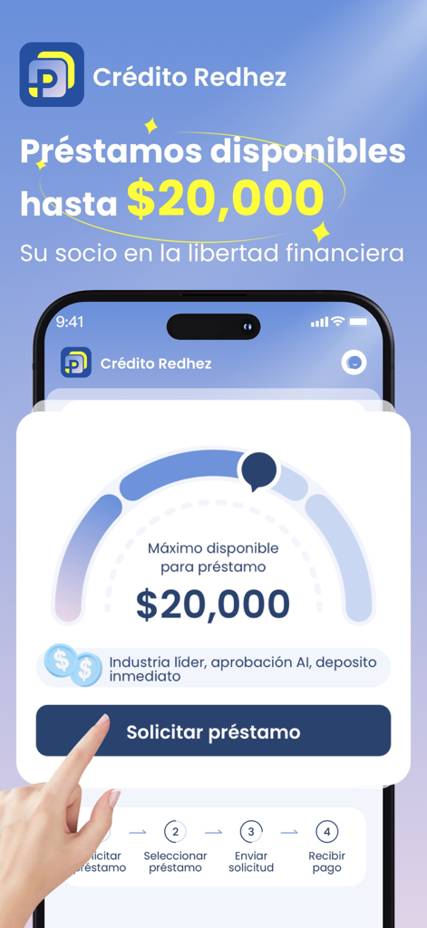 Crédito Redhez - Oberfläche der Crédito Redhez-App, die eine Schaltfläche zur Kreditanforderung und ein Limit von 20000 Pesos anzeigt