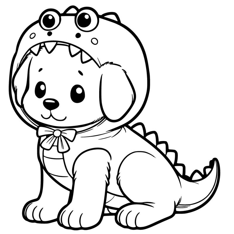 puppy wearing a dino costume