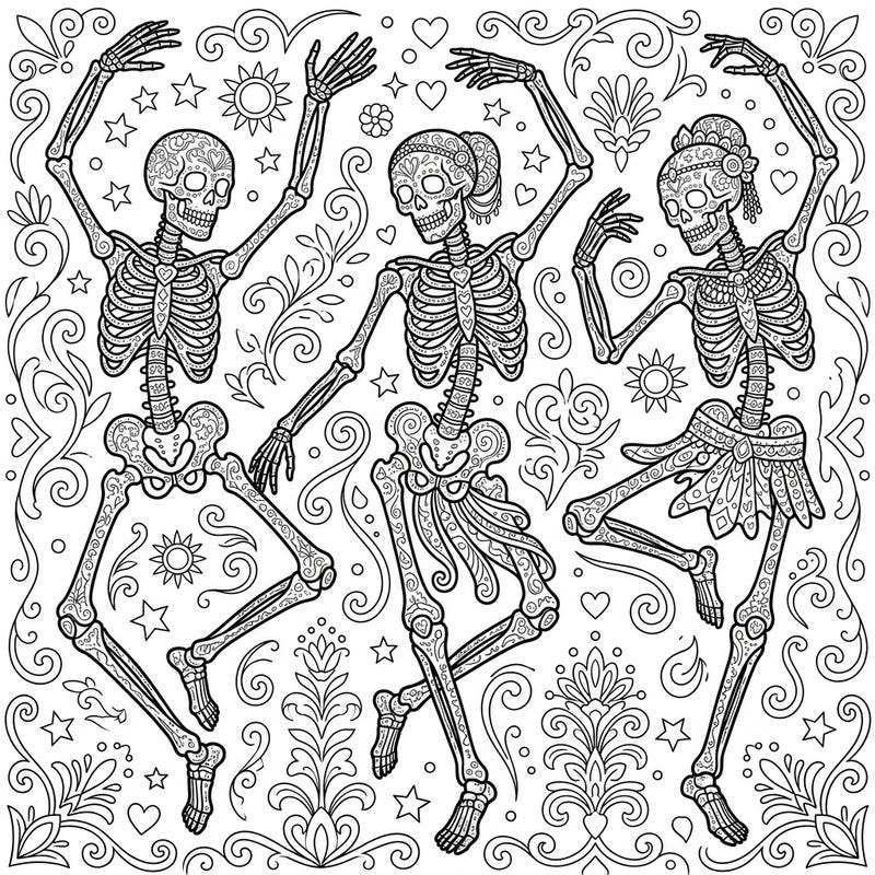 Step into a world where skeletons dance with joy, adorned in beautiful, intricate patterns. This captivating coloring page brings a festive spirit to life, offering hours of creative engagement.