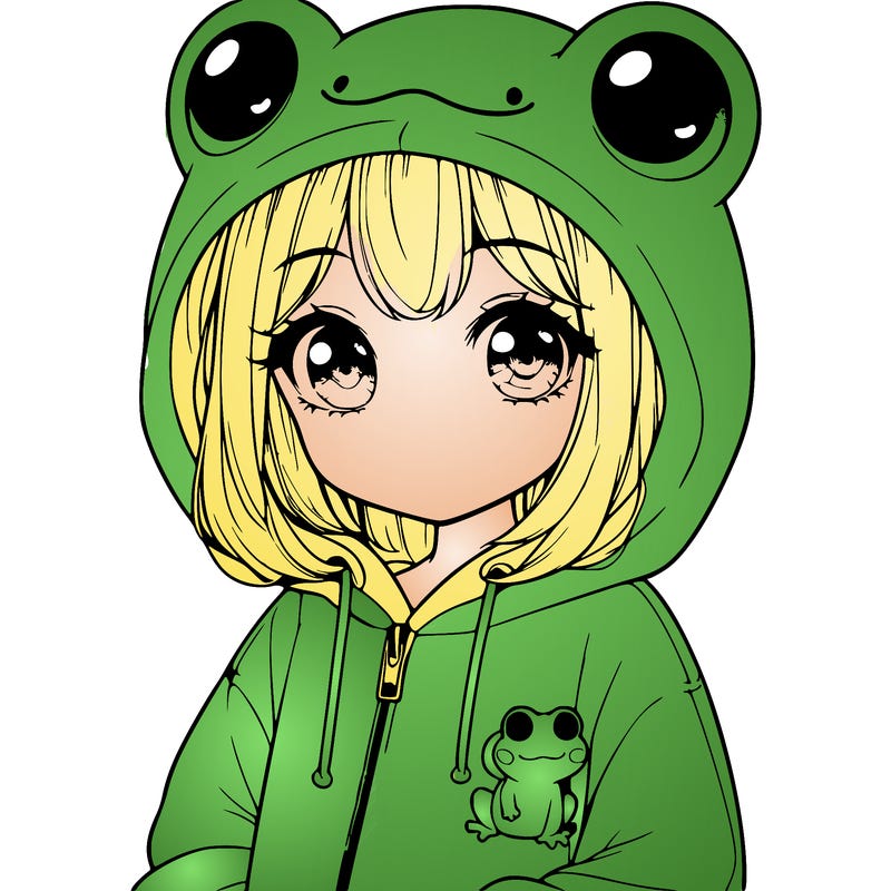 cute realistic girl in a froggy hoodie