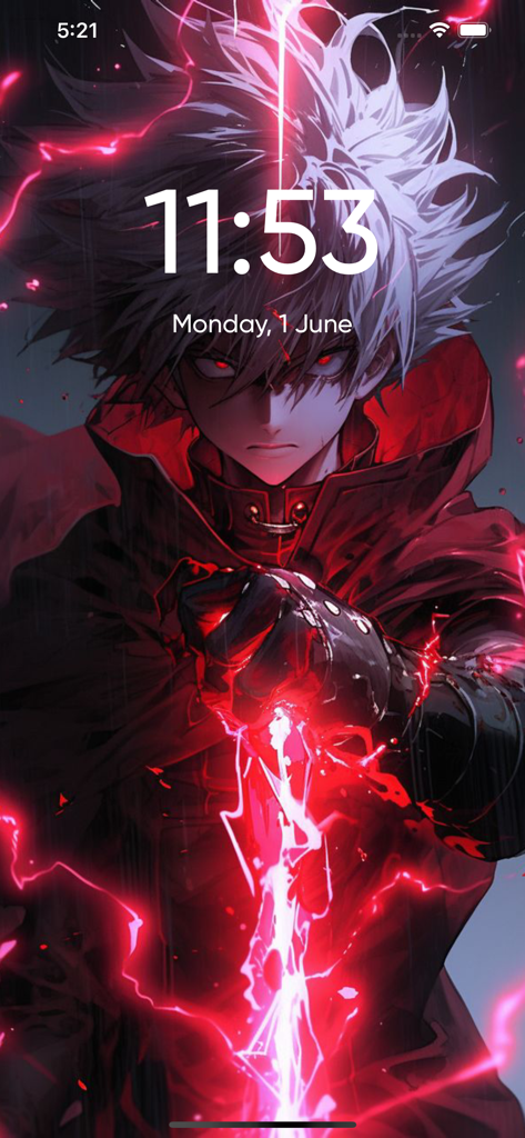 Aesthetic Anime Wallpaper 4K - Un fond d'écran anime 4K de haute qualité d'un personnage avec des effets d'énergie rouge sur un écran de verrouillage iPhone
