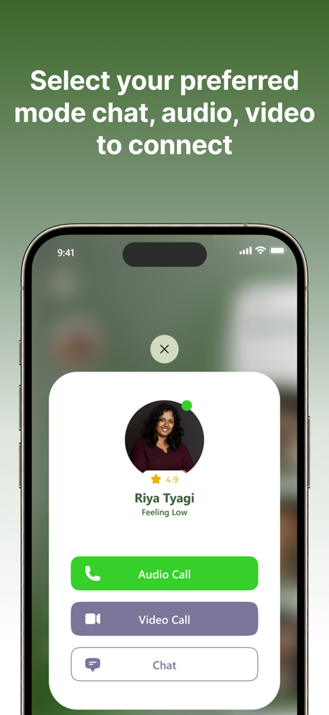 Eine mobile Benutzeroberfläche, die Optionen zur Verbindung mit einem Wellness-Experten per Audioanruf, Videoanruf oder Chat in der Lenon-App anzeigt