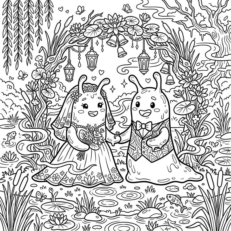 Discover a truly unique celebration with our Mire Slime Wedding coloring page, where delightful swamp creatures unite in a charming ceremony. This intricate design offers endless creative possibilities as you bring their special day to life with your favorite colors.