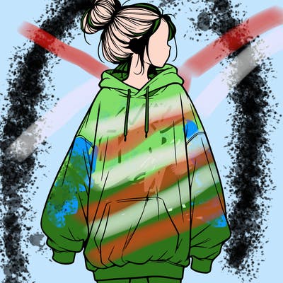 realistic girl with a oversized sweatshirt on and a bun