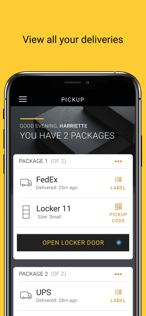 Luxer One - Luxer One app interface showing pending package deliveries and an open locker door button