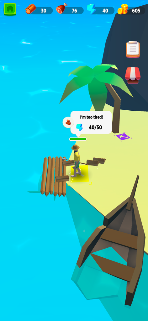 Survival Island - Build a City - キャラクターのエネルギーレベルと資源収集を示すサバイバルアイランドのゲームプレイ