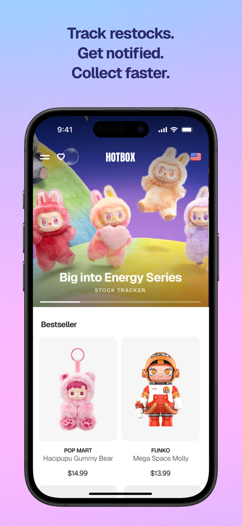 Labubu 재고 추적기 및 베스트셀러 수집 피규어를 보여주는 HotBox 앱 인터페이스