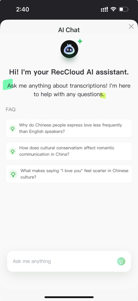 RecCloud AI assistant chat interface with suggested questions for transcription insights