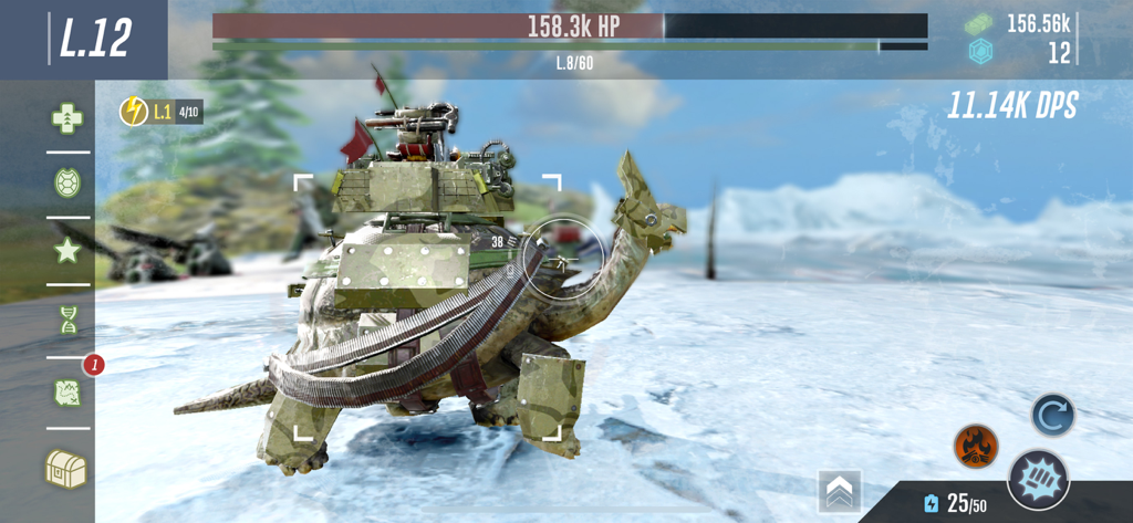 A heavily armored war tortoise equipped with cannons and turrets in a snowy arctic environment