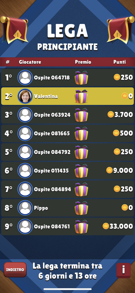 Briscola Classica Online - Leaderboard of the beginner league in the Briscola Classica Online app showing player rankings and points