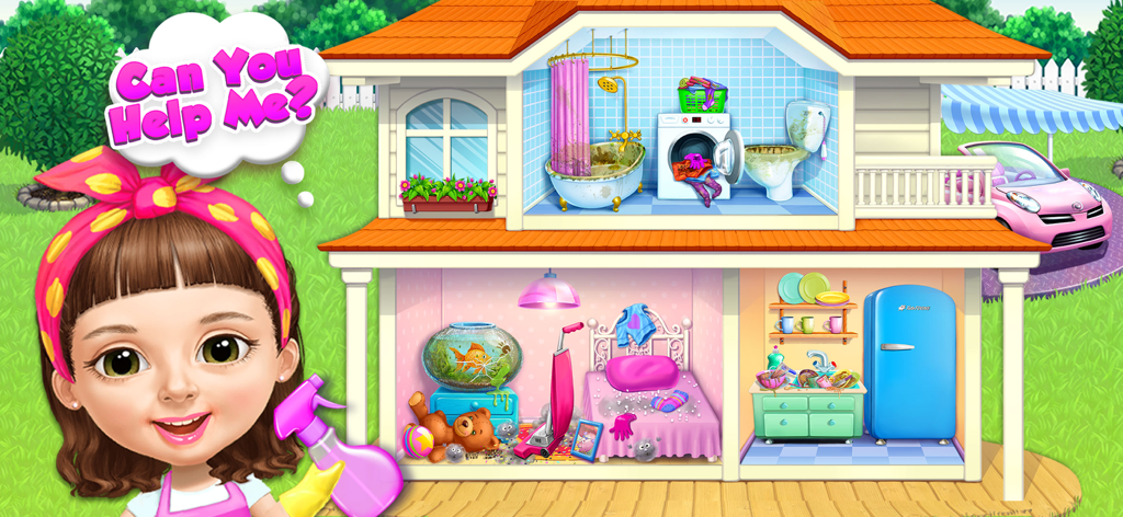 Sweet Olivia character asking for help to clean a messy dollhouse with various rooms