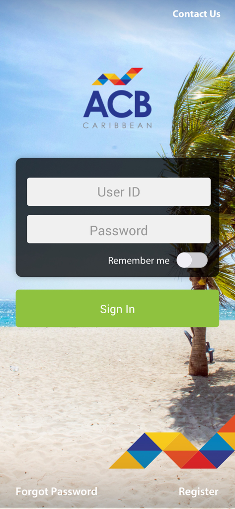 ACB Mobile banking app login screen featuring a Caribbean beach background with fields for user ID and password