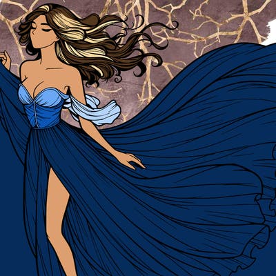 realistic woman in dress flowing the the wind