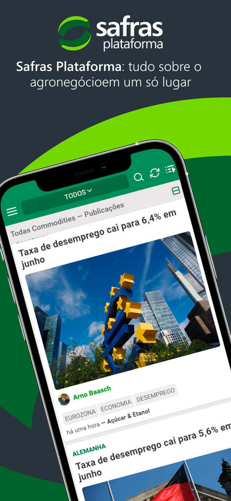 Plataforma Safras - Interfaz móvil de la aplicación Plataforma Safras que muestra noticias económicas e información del mercado agrícola
