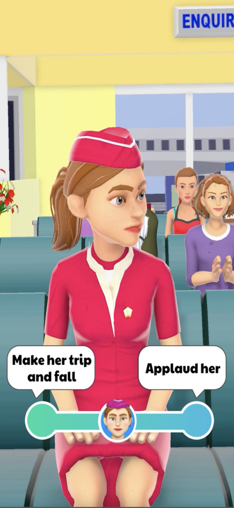 Hyper Hostess - Hyper Hostess gameplay screenshot showing a flight attendant making a choice between two passenger interactions.