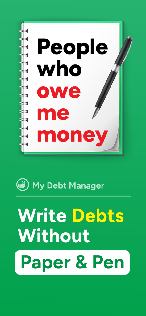 My Debt Manager app marketing graphic showing a notebook and pen with text explaining how to track debts without paper and pen