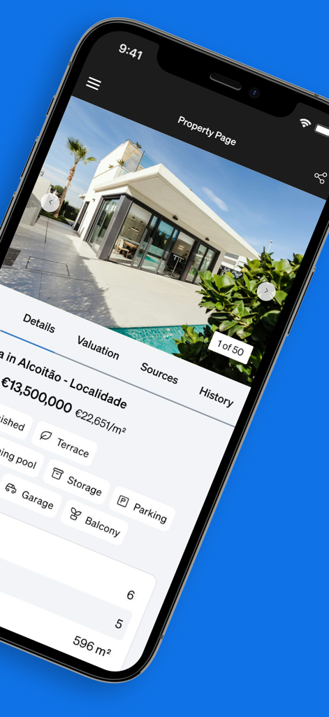 Página de propiedad de la aplicación Casafari AI que muestra una casa de lujo con características detalladas y datos de valoración