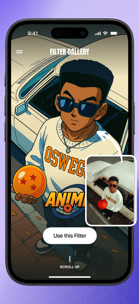 Interface de aplicativo móvel mostrando uma foto real transformada em um personagem de anime estilo Dragon Ball com um filtro de IA.