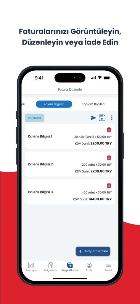 Écran mobile de l'application e-Uyum affichant une interface d'édition de facture électronique avec des lignes d'articles et des calculs financiers.