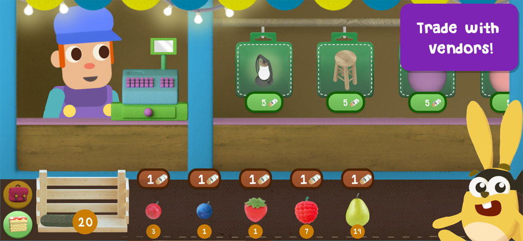 A market screen in the Grow Forest app showing a vendor and various items to trade using forest resources.
